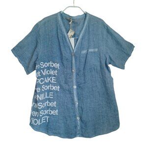 Carla Giannini Top Blue Linen Button Front Made in Italy Paris Womens M/L NEW